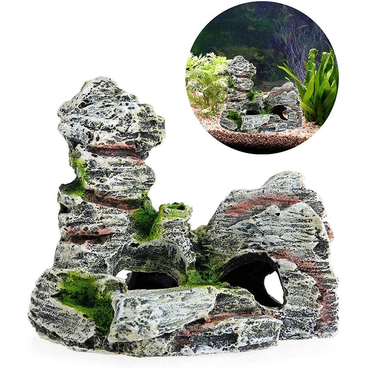 Décoration Aquarium – Grotte Cachette en Résine avec Mousse Artificielle, Ornement Réaliste pour Poissons