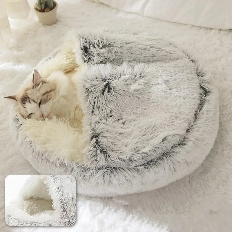 💤 Lit Douillet 2-en-1 pour Chat & Petit Chien – Nid Rond en Peluche Ultra-Confort avec Couvercle