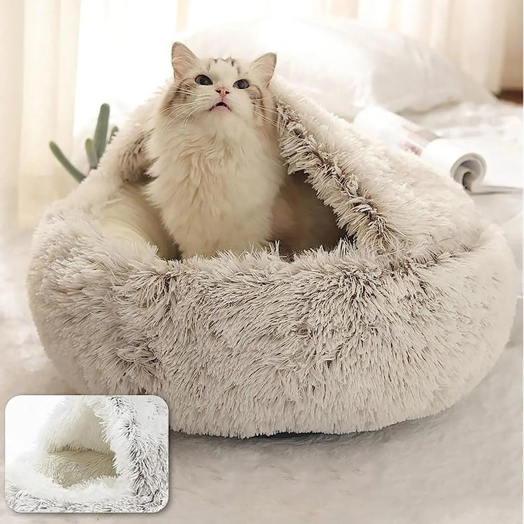 💤 Lit Douillet 2-en-1 pour Chat & Petit Chien – Nid Rond en Peluche Ultra-Confort avec Couvercle